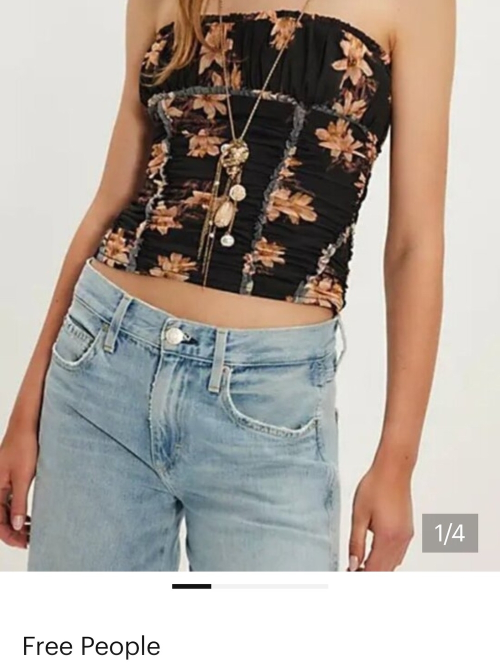 Free People Black Floral Ruched Strapless Tube Top
